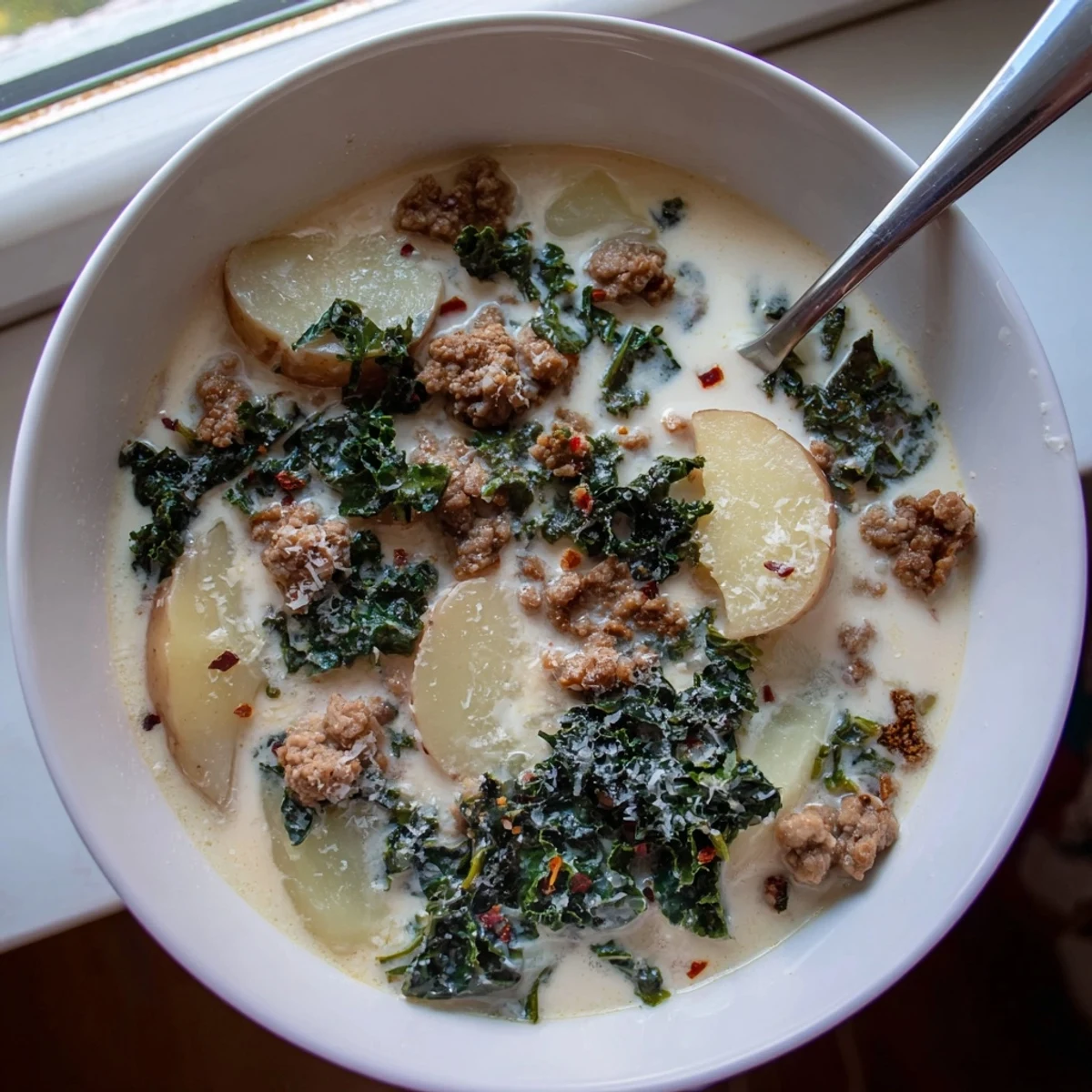 Creamy Zuppa Toscana soup with crumbled sausage, tender potatoes, and wilted kale in rustic bowls