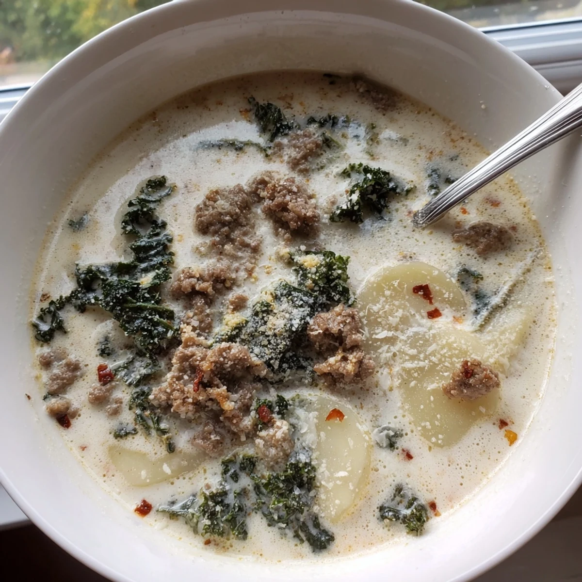Steaming bowl of Zuppa Toscana soup topped with Parmesan cheese and fresh kale leaves