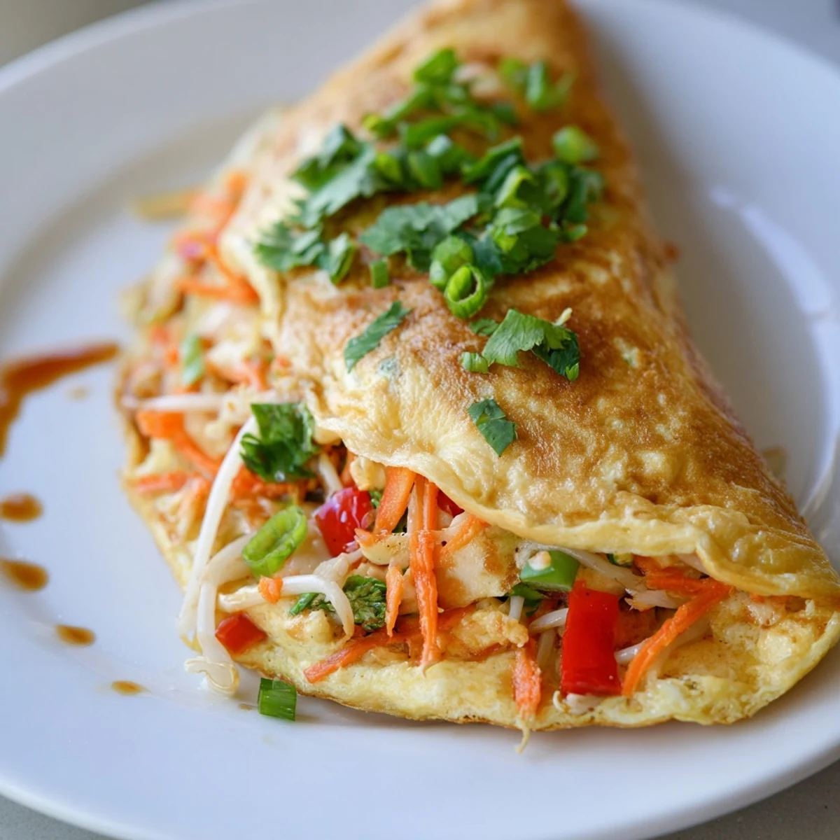 Golden Chinese omelette folded over crisp vegetables and sprinkled with fresh scallions