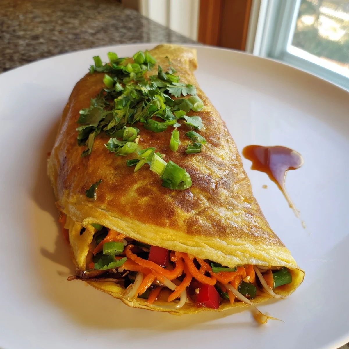 Fluffy Chinese omelette drizzled with soy sauce and garnished with cilantro