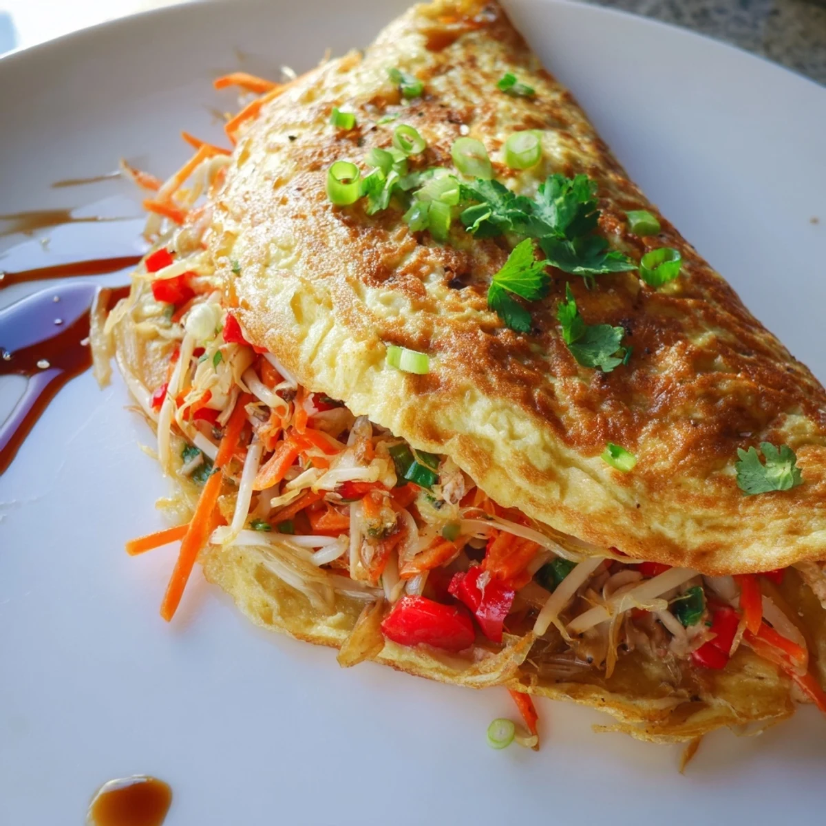 Savory Chinese omelette filled with colorful bell peppers, bean sprouts, and carrots