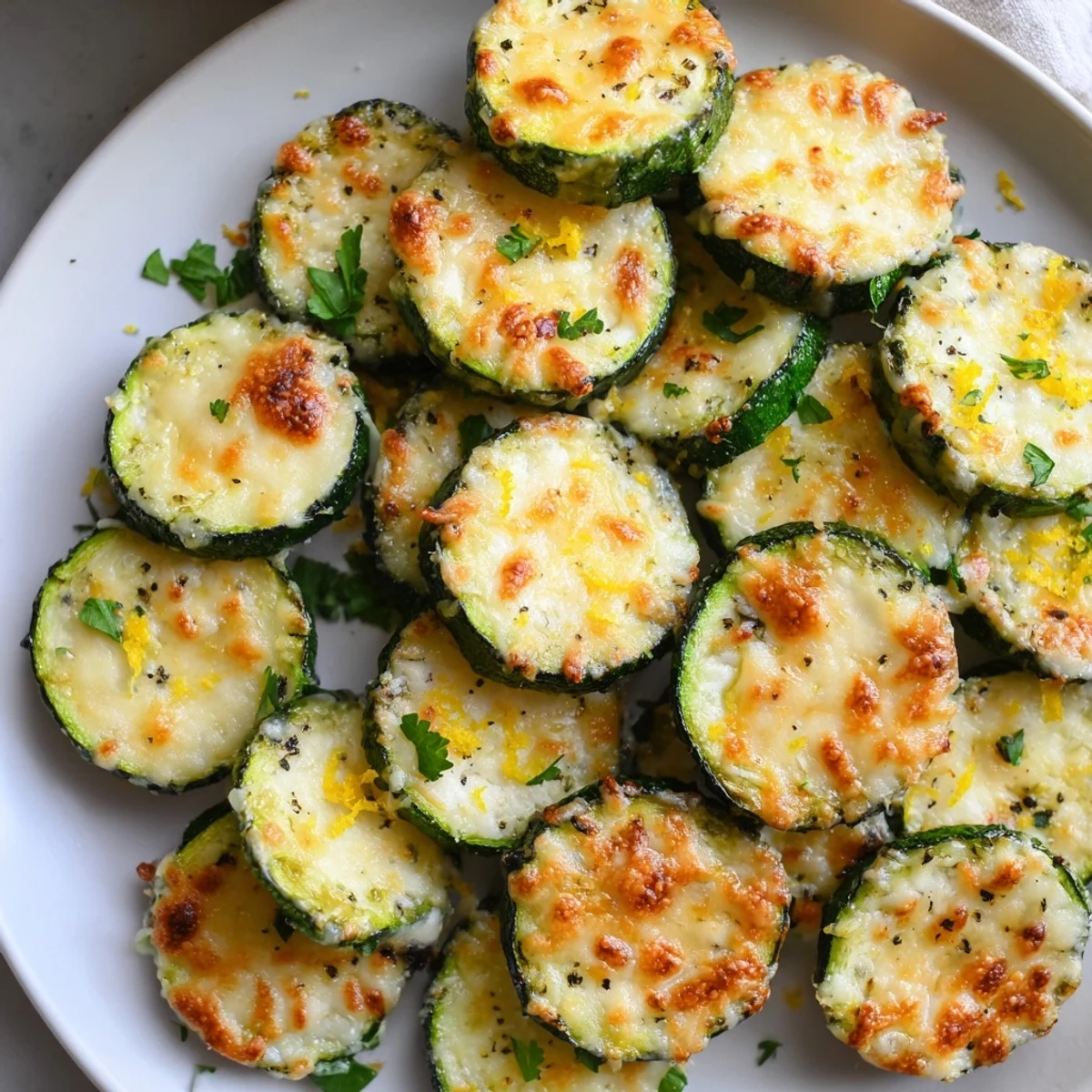 Golden Parmesan-crusted zucchini rounds with lemon pepper seasoning fresh from the oven.