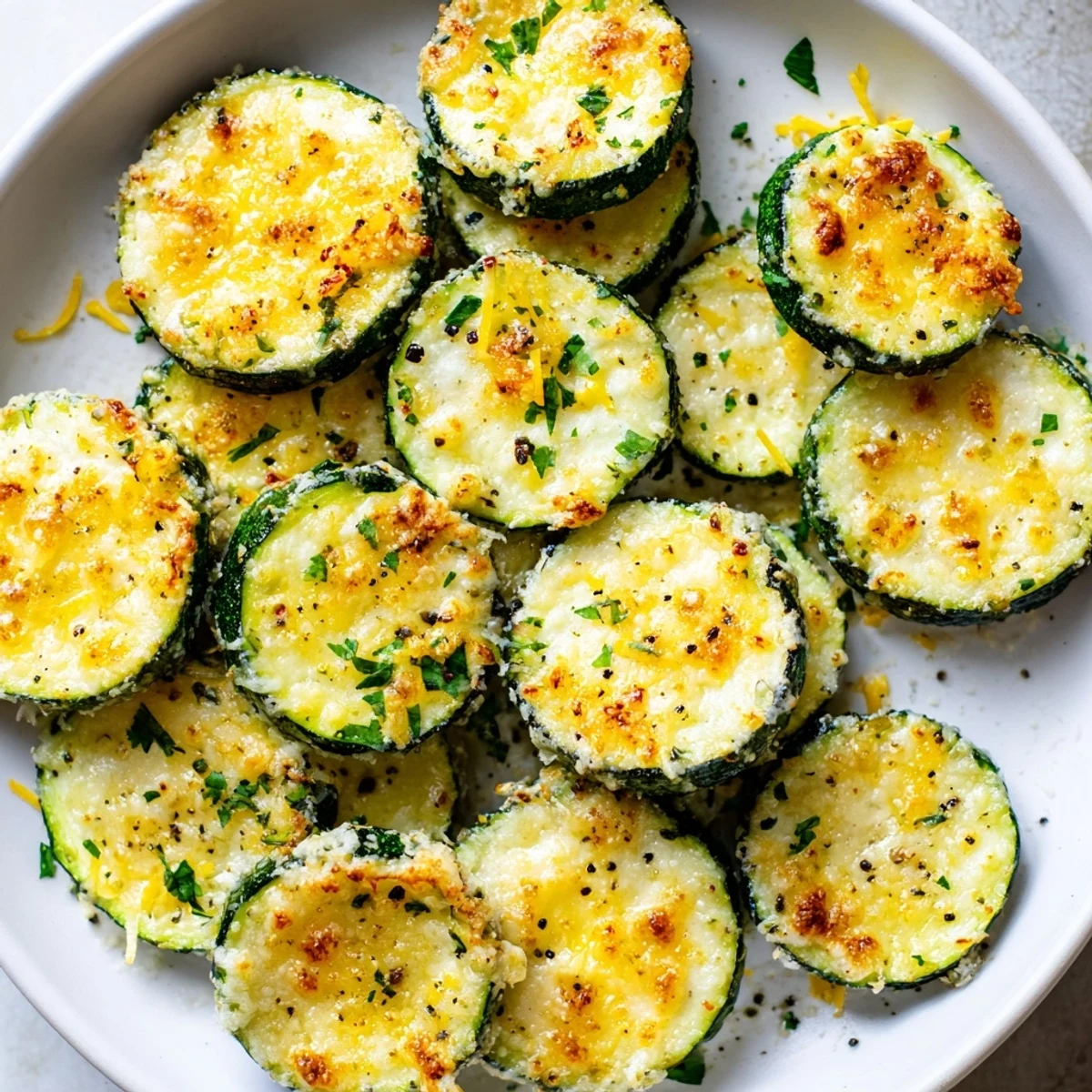 Tender zucchini slices topped with melted Parmesan, cracked pepper, and bright lemon zest.