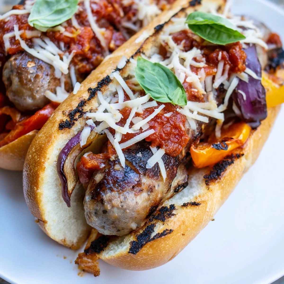 Juicy grilled sausage grinders topped with smoky charred tomato sauce on toasted rolls