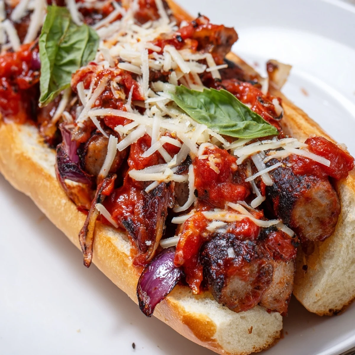 Crispy grinder rolls loaded with charred Italian sausages and melted mozzarella cheese