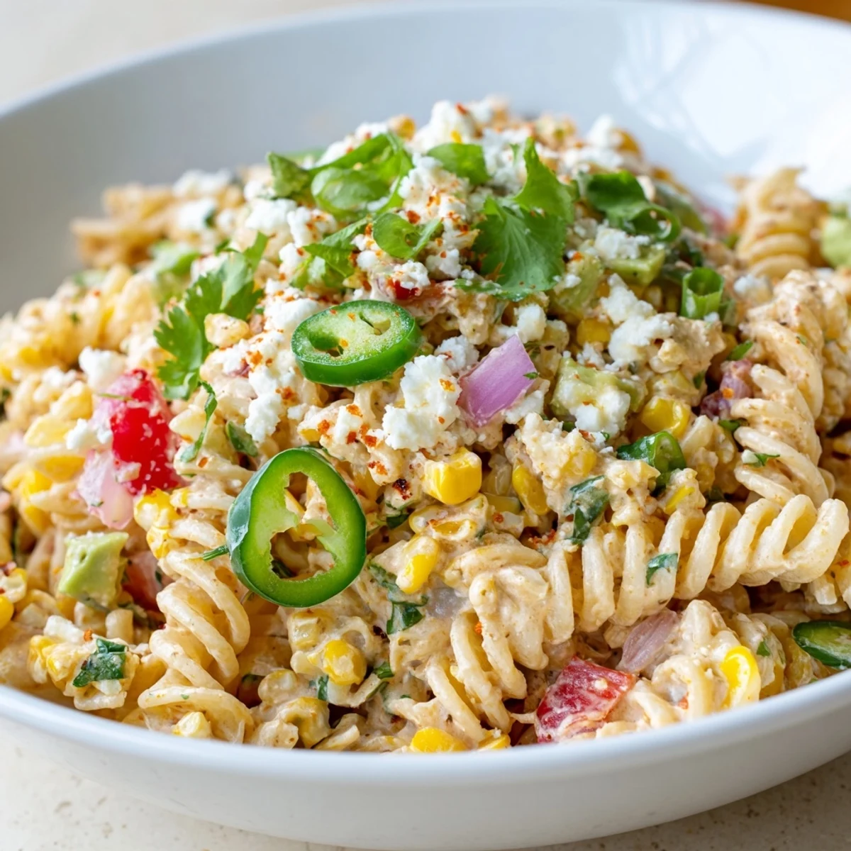Smoky grilled corn and tender pasta tossed in a tangy lime dressing for Elote Street Corn Pasta Salad
