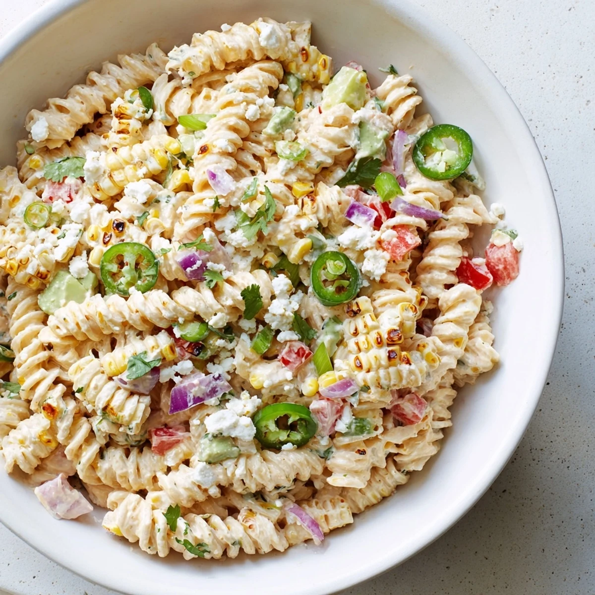 Creamy Elote Street Corn Pasta Salad topped with crumbled cotija cheese and fresh cilantro