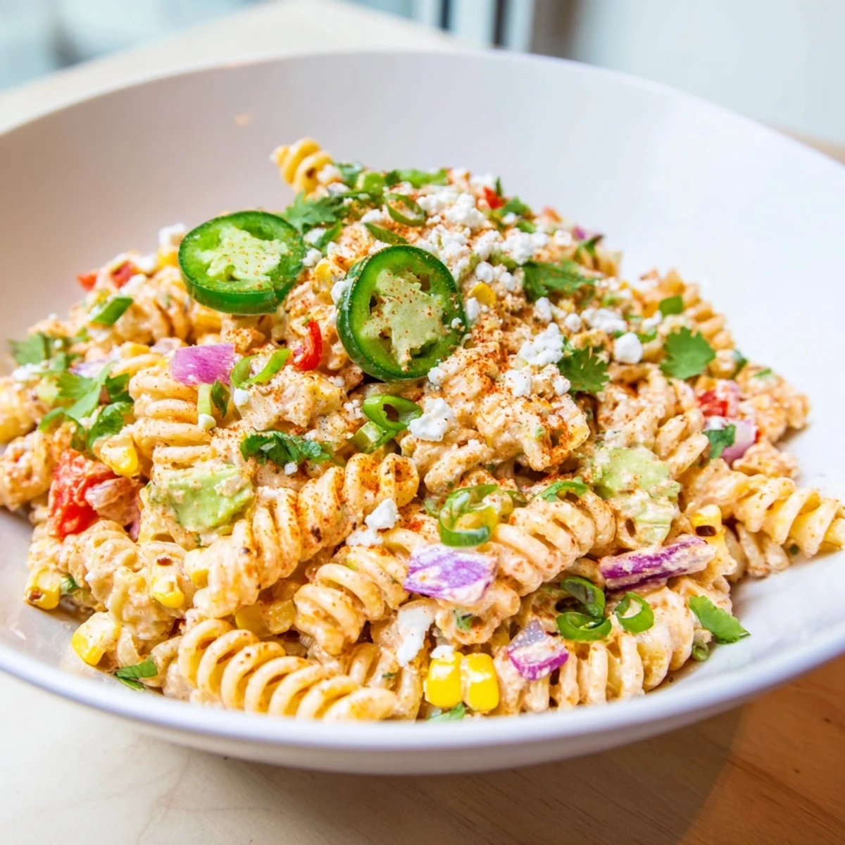 Vibrant Elote Street Corn Pasta Salad served in a bowl with charred kernels and creamy dressing