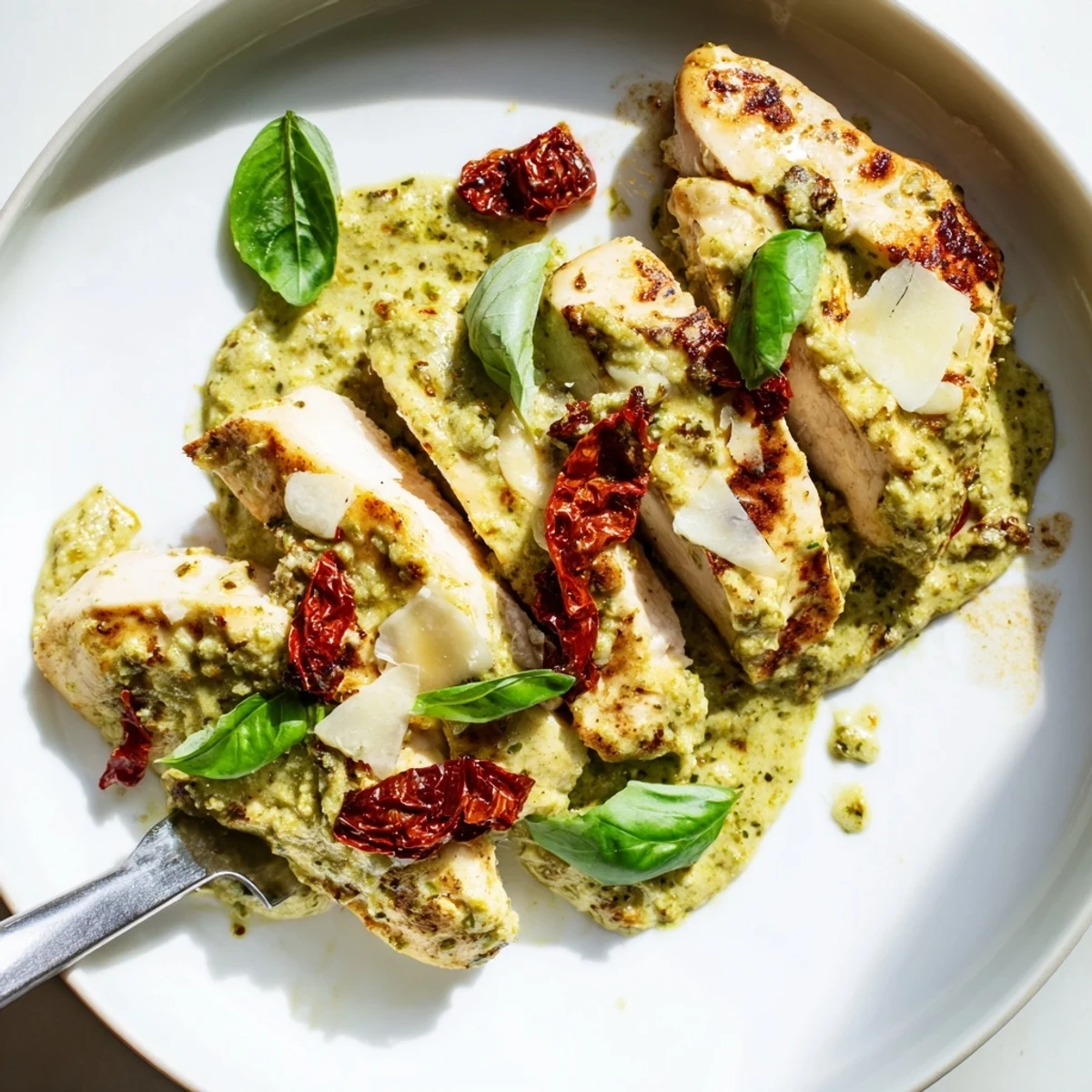 Creamy Marry Me Chicken Pesto in a golden skillet with sun-dried tomatoes and bubbling Parmesan sauce