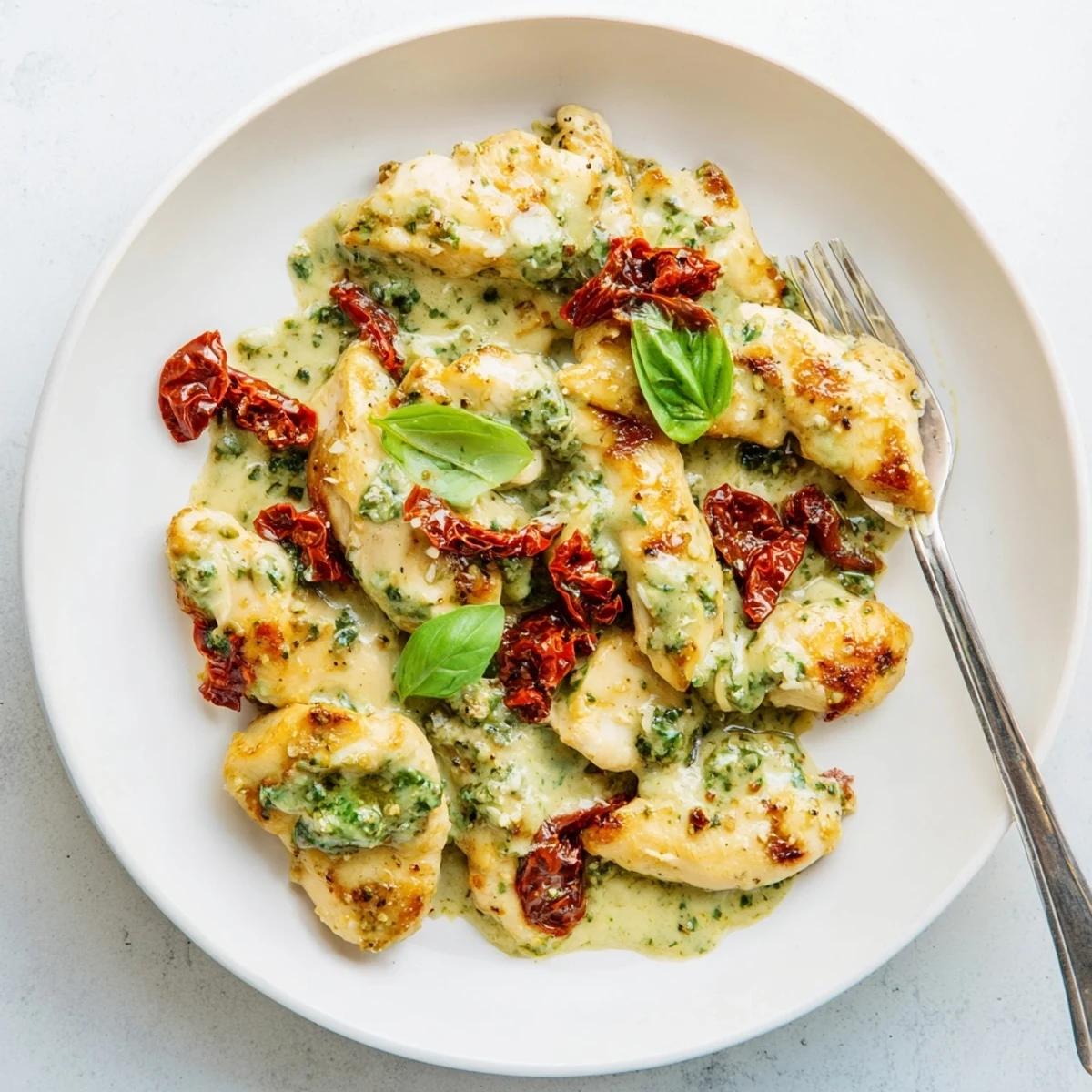 Tender seared chicken breasts smothered in a luscious basil pesto cream sauce with fresh basil garnish