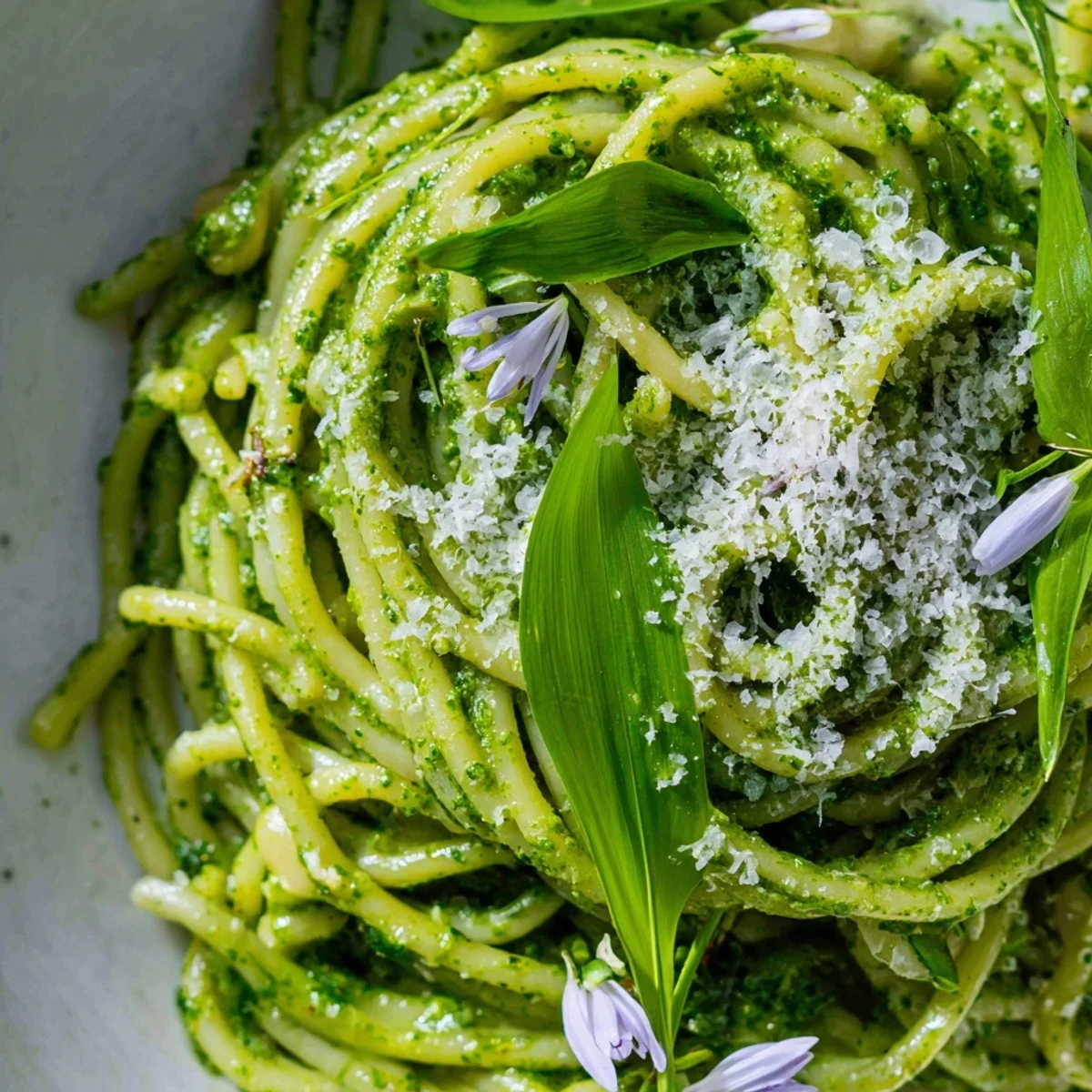 Creamy wild garlic pesto pasta tossed with fragrant basil and pine nuts