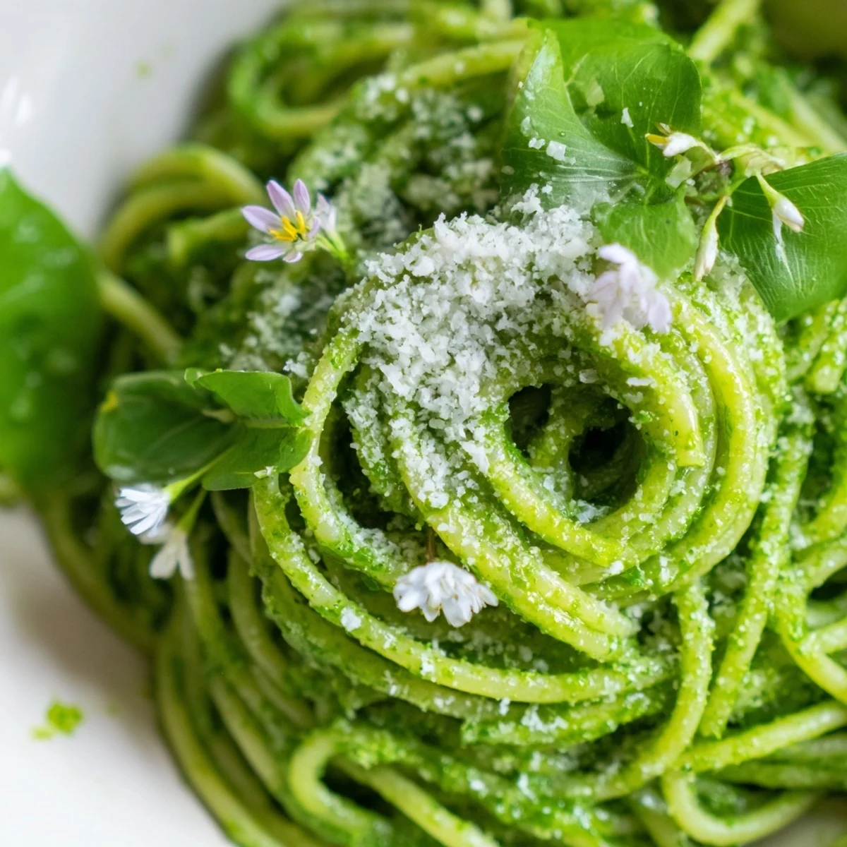 Wild garlic pesto pasta plated with shaved Parmesan and fresh edible flowers