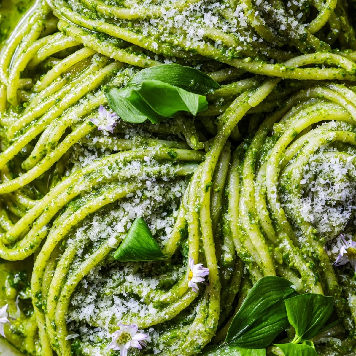 Steaming bowl of wild garlic pesto pasta coated in vibrant green sauce