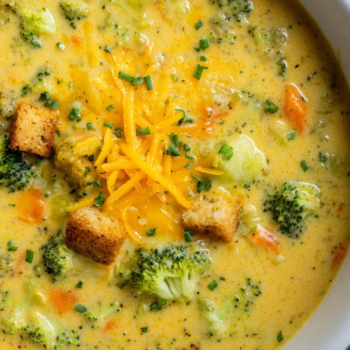 Thick slow cooker broccoli cheese soup topped with golden croutons and cheddar