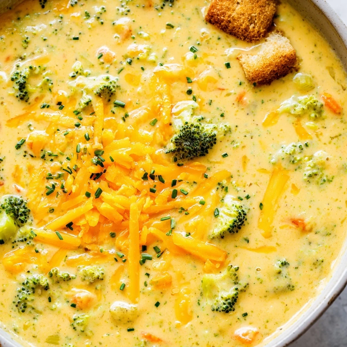 Creamy slow cooker broccoli cheese soup ladled into a rustic bread bowl