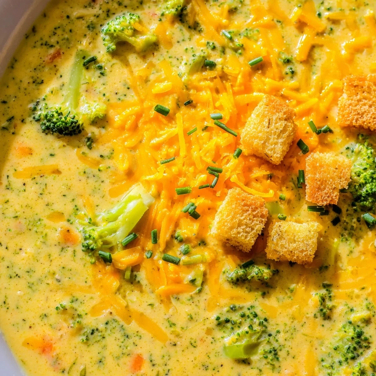 Steaming bowl of slow cooker broccoli cheese soup garnished with fresh chives