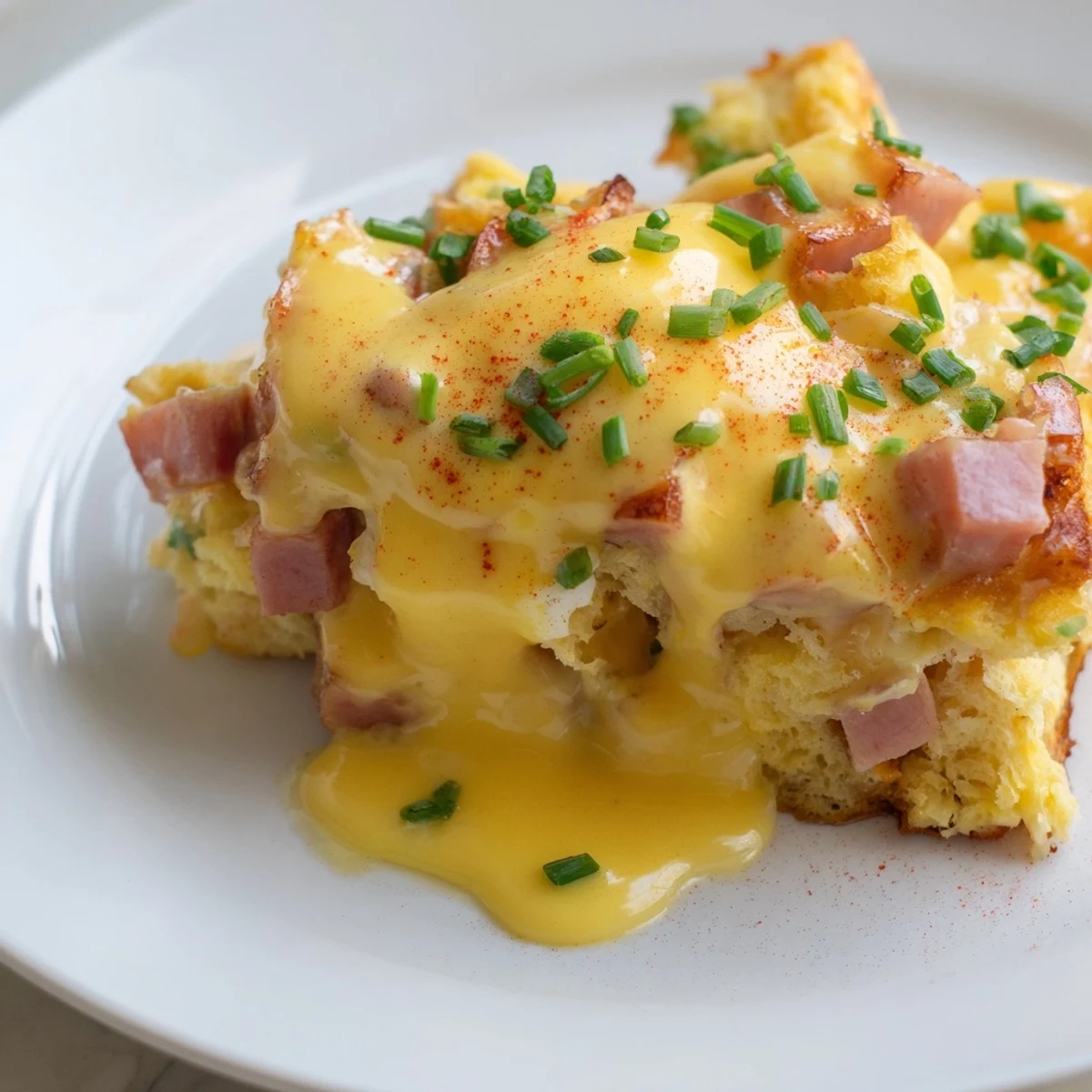 Golden Eggs Benedict casserole drizzled with creamy hollandaise, garnished with fresh chives