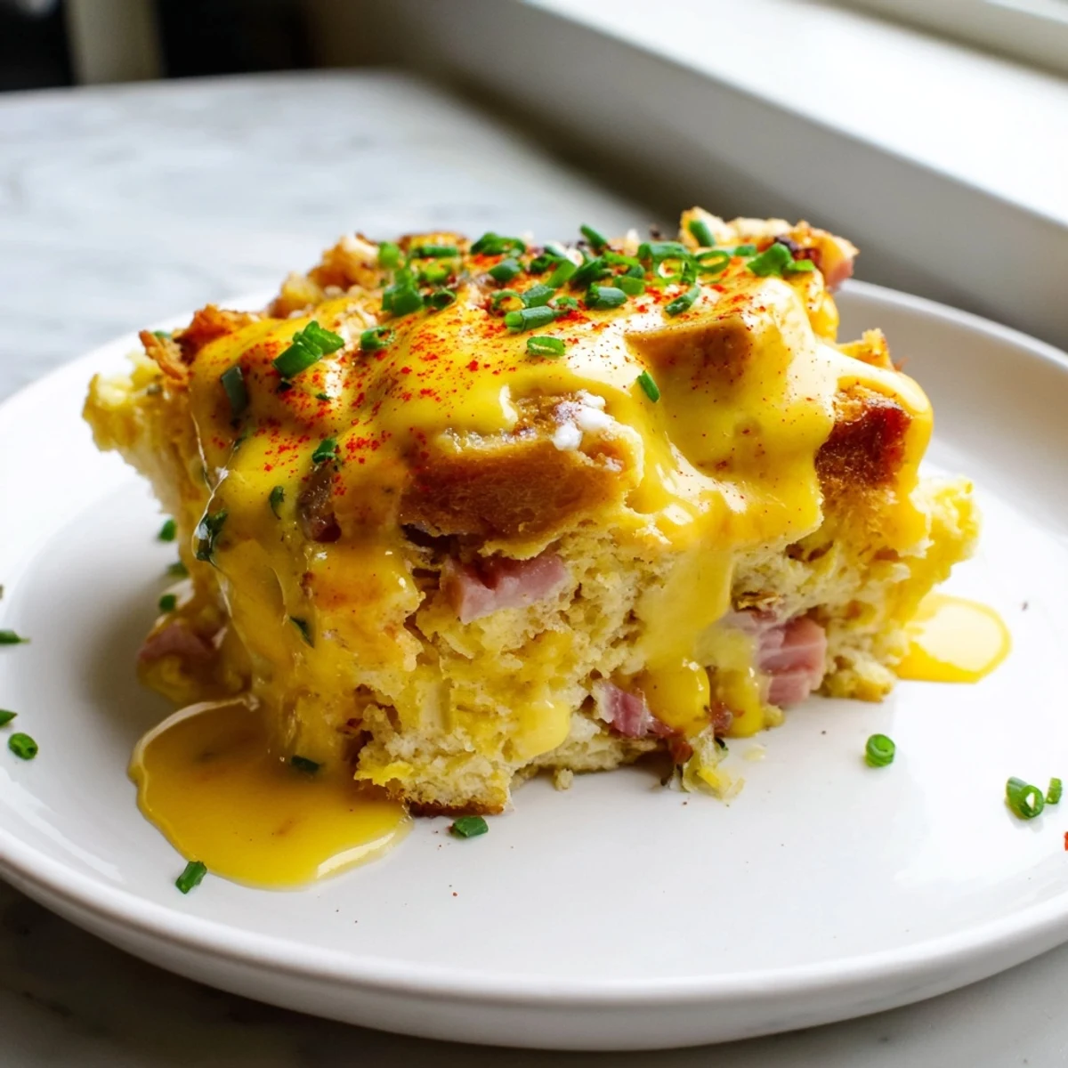 Baked Eggs Benedict casserole with layered Canadian bacon and English muffins, fresh from the oven