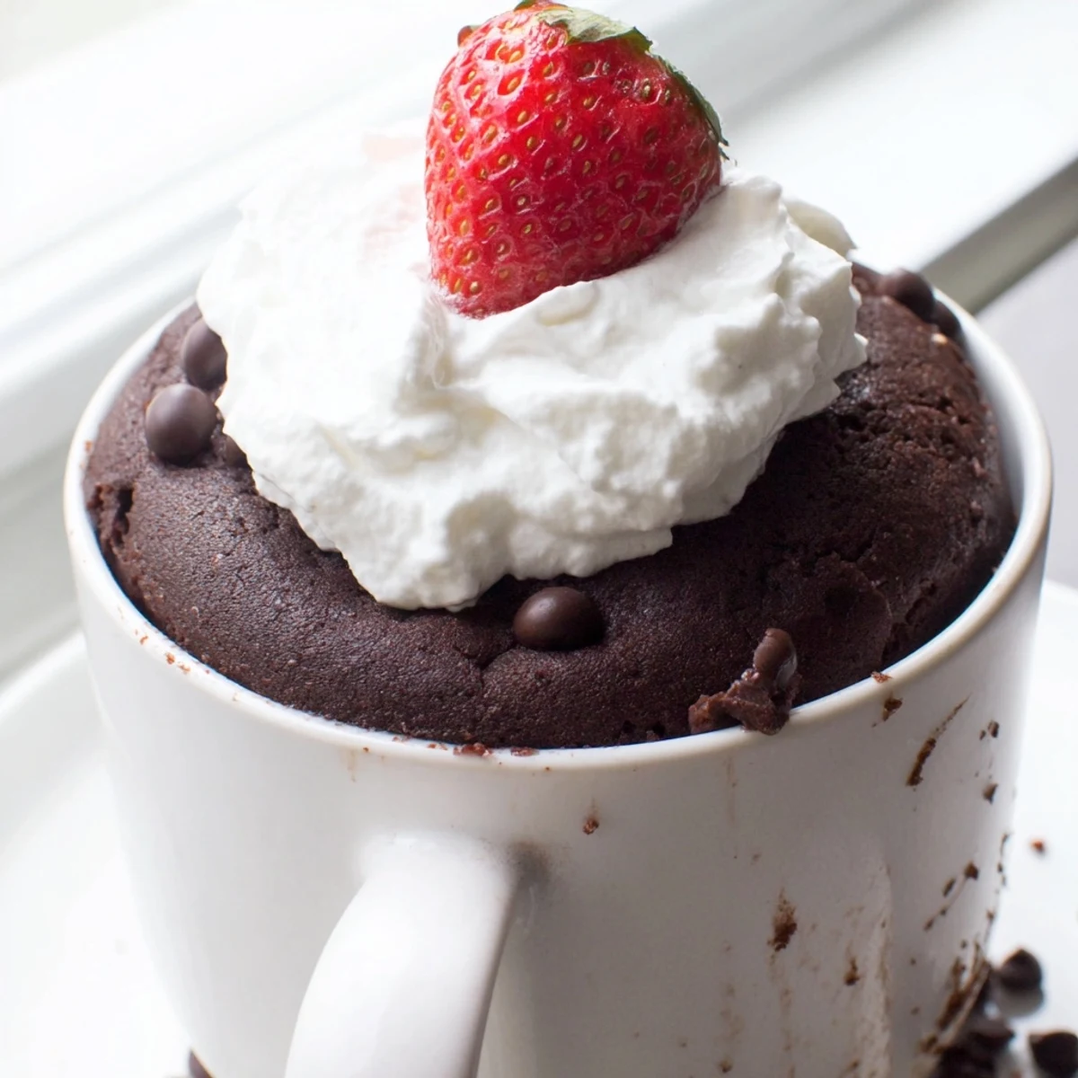 Warm gluten free chocolate mug cake topped with whipped cream in a ceramic mug