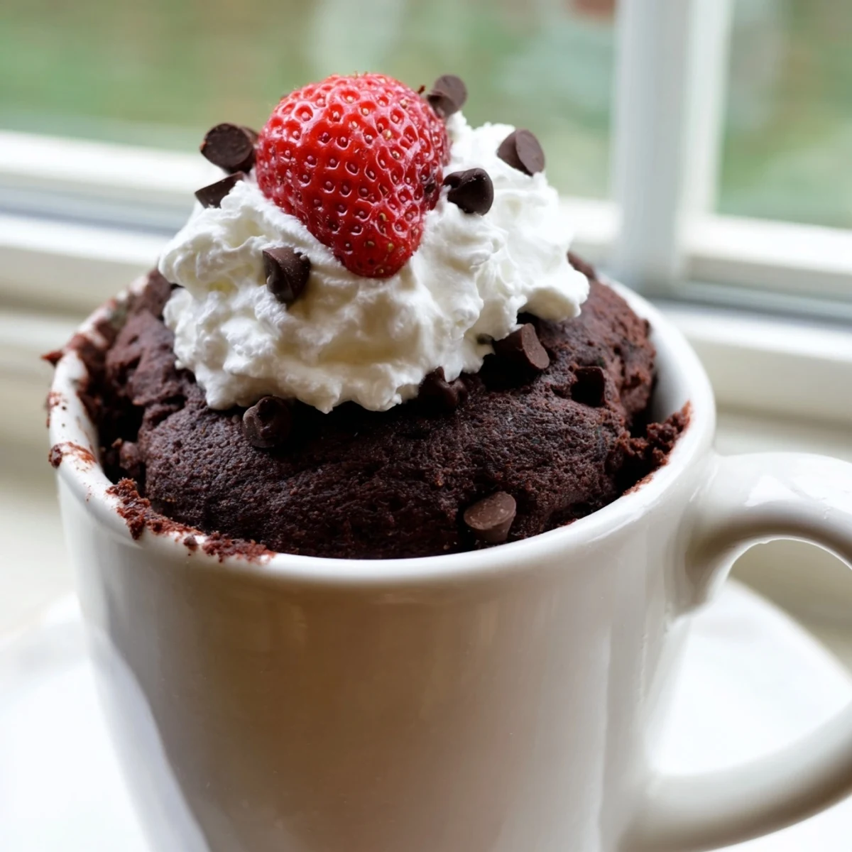 Fudgy gluten free chocolate mug cake fresh from the microwave with melted chocolate chips