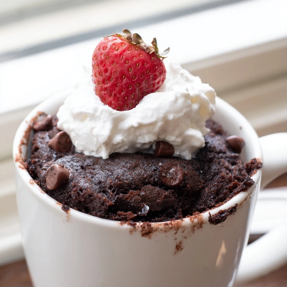Decadent gluten free chocolate mug cake served with fresh berries on a white plate