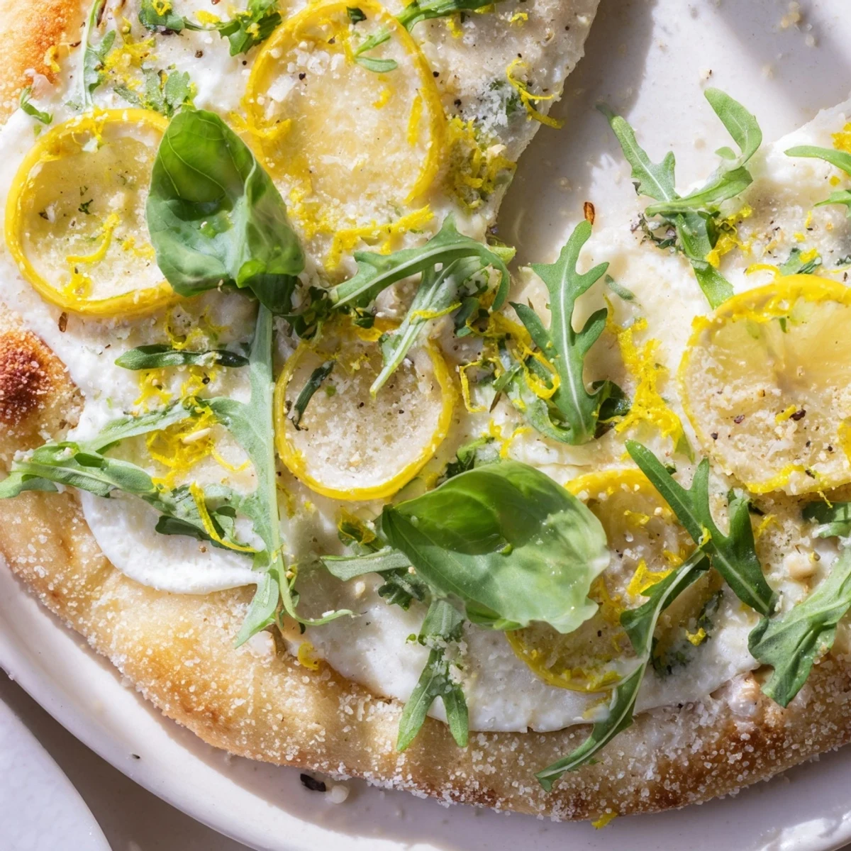 Vegetarian white pizza featuring tangy lemon slices and bubbling melted cheese.