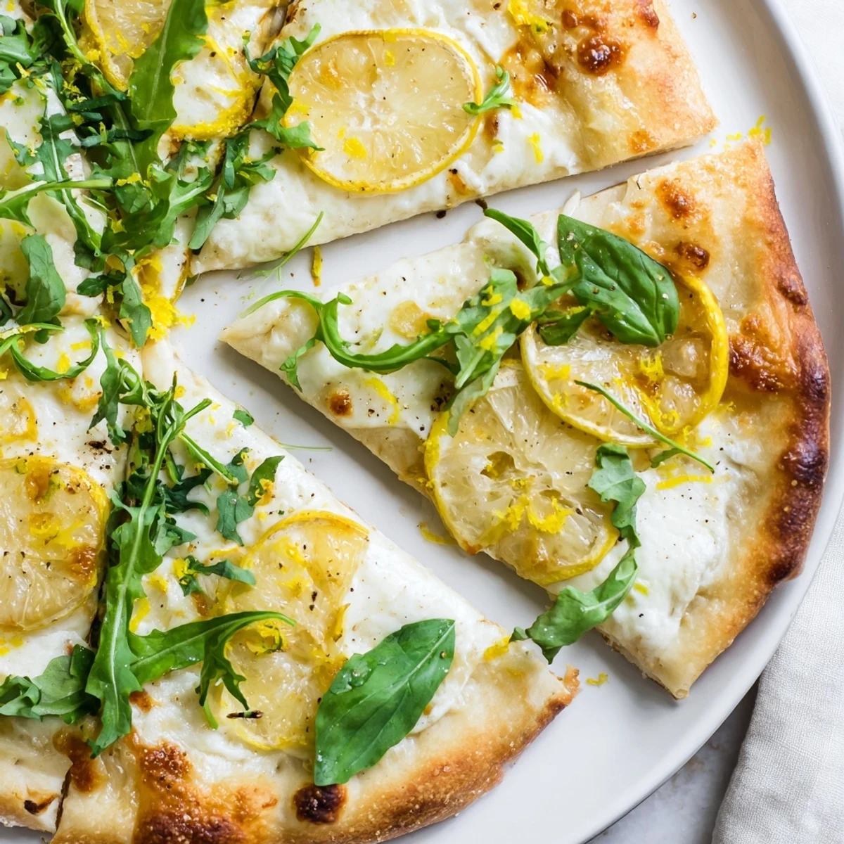 Golden Zesty Summer Lemon Pizza topped with fresh mozzarella and arugula garnish.