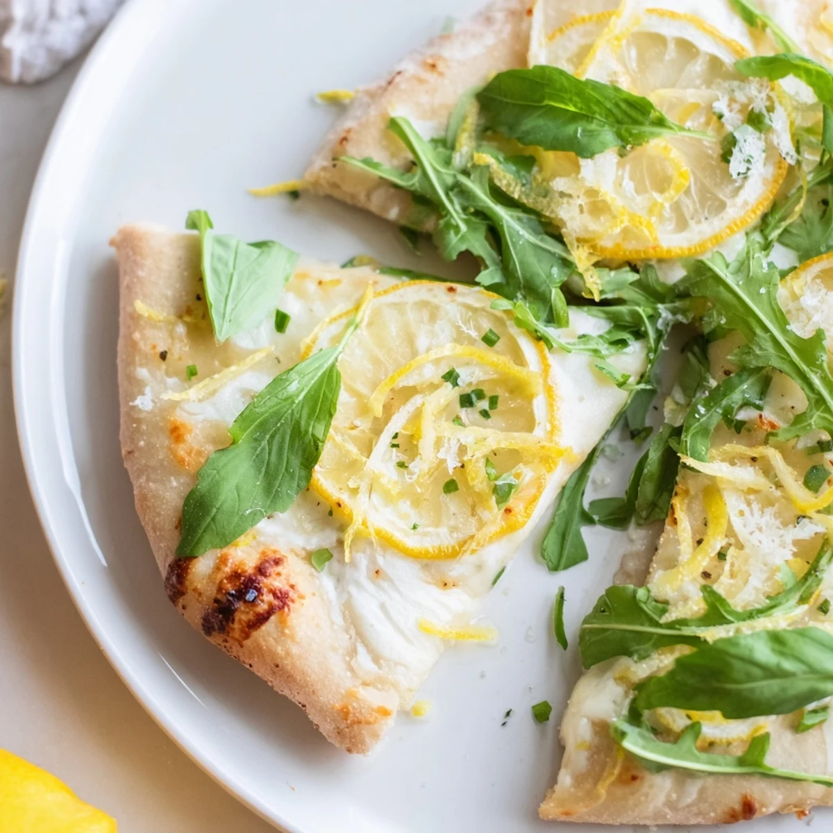 Slice of bright Zesty Summer Lemon Pizza with fresh basil and red pepper.