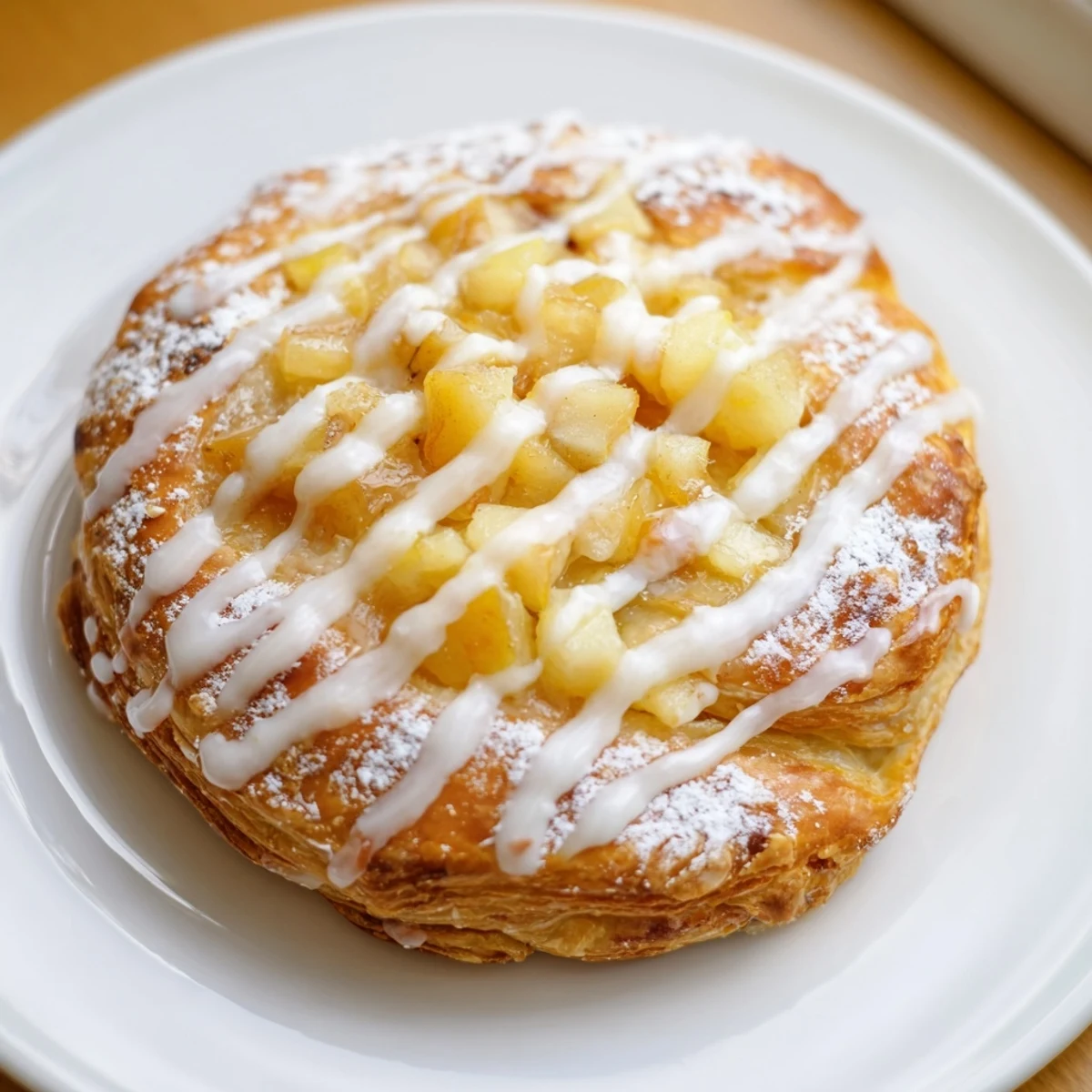 Golden flaky Apple Cheese Danishes topped with cinnamon spiced apples on a rustic baking sheet.