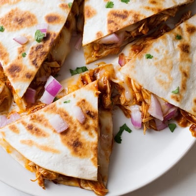 Hot Honey BBQ Chicken Quesadillas stacked on a cutting board, showcasing tender shredded chicken and melted cheese inside crispy tortillas.