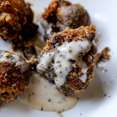 A close-up of crispy Chicken Fried Mushrooms with Gravy drizzled over fluffy mashed potatoes and biscuits.  
