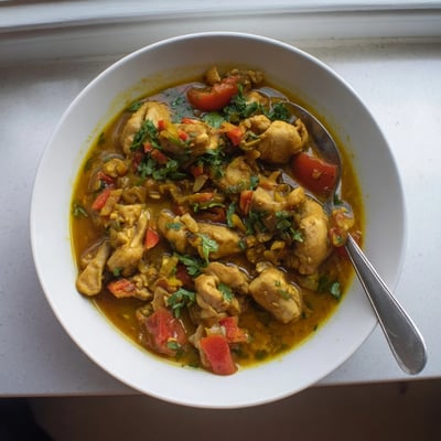 Tender chunks of chicken simmer in a vibrant Spiced Chicken Curry with Ginger, Garlic & Jalapeño, featuring visible specks of fresh herbs and spices.