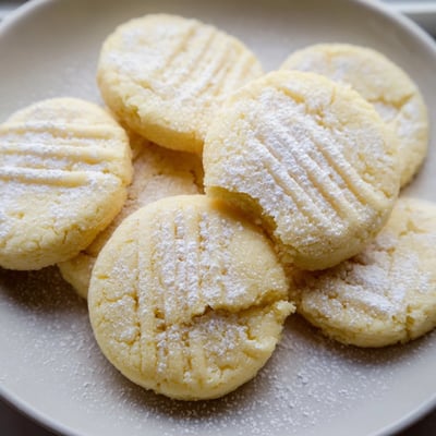 A plate of warm Grandma's Secret Butter Cookies served alongside a steaming cup of tea