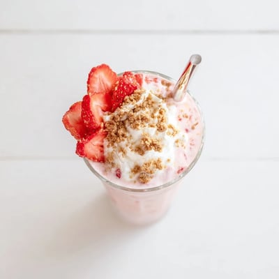 Tall glass of creamy strawberry cheesecake milkshake garnished with fresh sliced strawberries