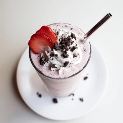 Creamy strawberry Oreo milkshake in a chilled glass with fresh strawberry slices