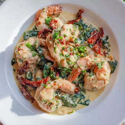 A skillet of Keto Creamy Tuscan Shrimp plated over zucchini noodles, garnished with fresh parsley and sun-dried tomato slices.