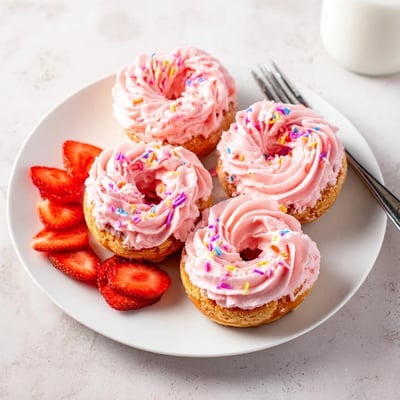 Golden strawberry buttercream frosted donuts drizzled with silky whipped frosting on a rustic cooling rack