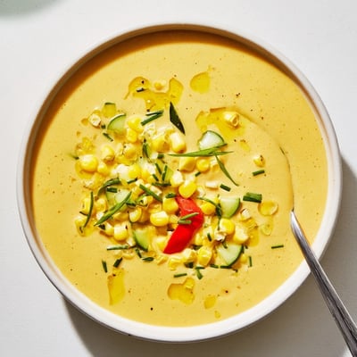 Chilled Summer Sweet Corn Gazpacho poured into shallow bowls with a drizzle of olive oil garnish