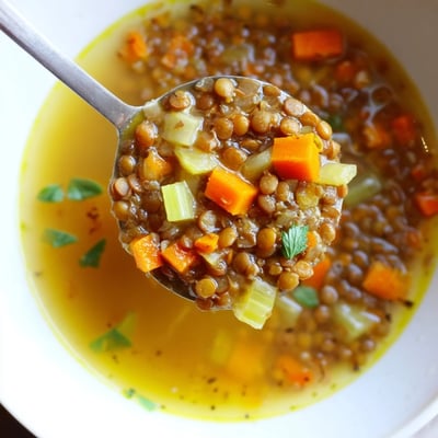 Creamy lemon lentil soup in a rustic bowl garnished with olive oil and chopped herbs