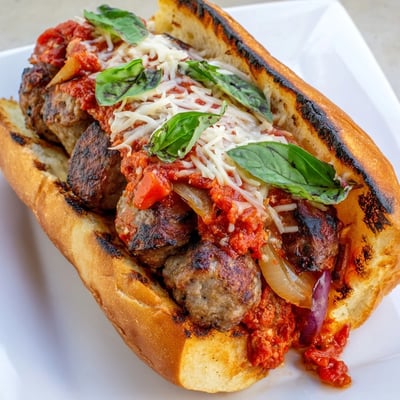 Golden hoagie rolls stuffed with grilled sausages and rich homemade tomato sauce