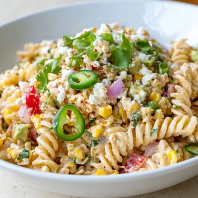 Smoky grilled corn and tender pasta tossed in a tangy lime dressing for Elote Street Corn Pasta Salad
