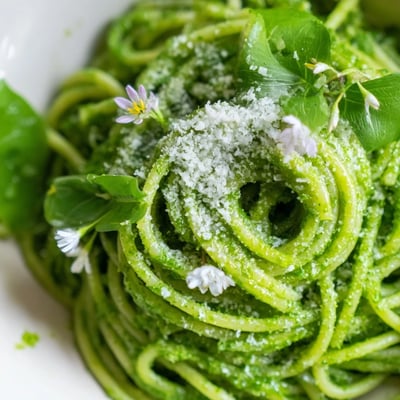 Wild garlic pesto pasta plated with shaved Parmesan and fresh edible flowers